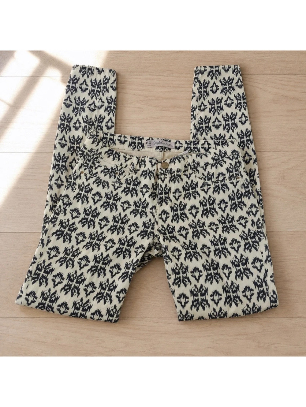 Zara Aztec Geometric Print Skinny Jeans Cream Black Boho Ikat Pants Size 4